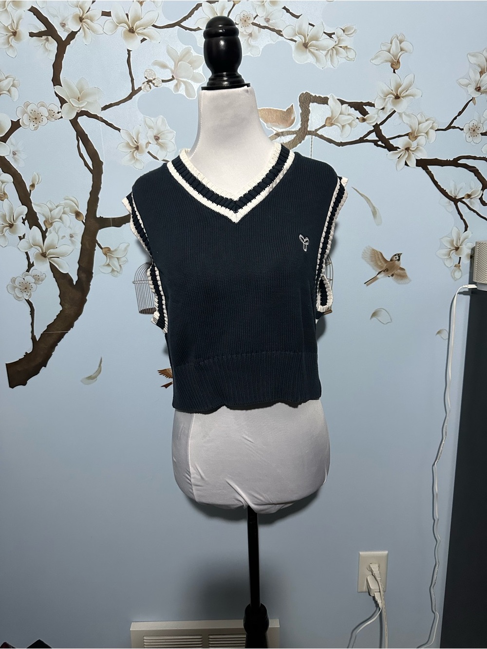 TNA Black Knit V-Neck Sleeveless Sweater Vest with White Trim